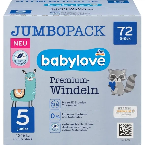 Підгузники преміум якості економ упаковка Babylove Premium Windeln 5 розмір 10-16кг Box 2 уп*36шт - зображення 4