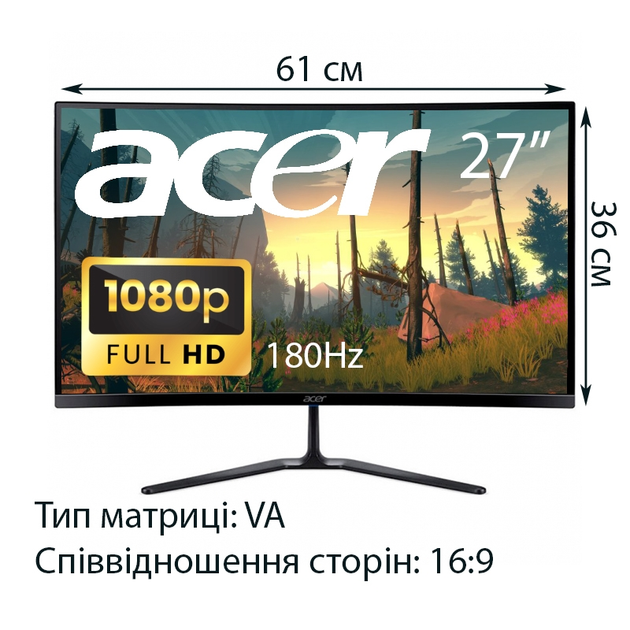 Монитор Acer ED270RS3BMIIPX изогнутый безрамочный VA 1920x1080 Full HD ...