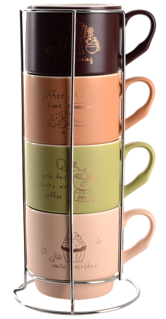 Набір чашок Limited Edition MORNING COFFEE 4х340 мл на металевій підставці - Фото 1 Набір чашок Limited Edition MORNING COFFEE 4х340 мл на металевій підставці - изображение 1