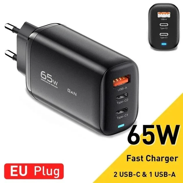 Зарядное устройство Essager GaN 65w быстрая зарядка для смартфонов и ноутбуков QC4.0 PD3.0 USB + 2x Type-C Черный - Фото 3 Зарядное устройство Essager GaN 65w быстрая зарядка для смартфонов и ноутбуков QC4.0 PD3.0 USB + 2x Type-C Черный - изображение 3
