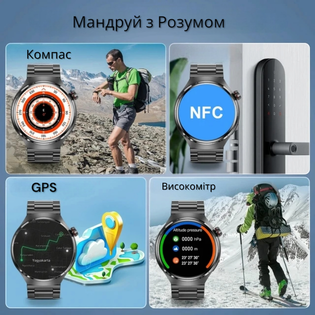 Розумний наручний годинник для чоловіків HD Stream Line чорний Смарт годинник чоловічий дзвінок Компас GPS Android/IOS - зображення 4