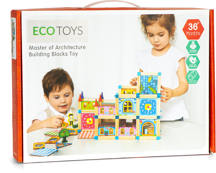 Drewniane klocki konstrukcyjne EcoToys budowanie domek 6w1 128 elementów (5903769970520) - obraz 4