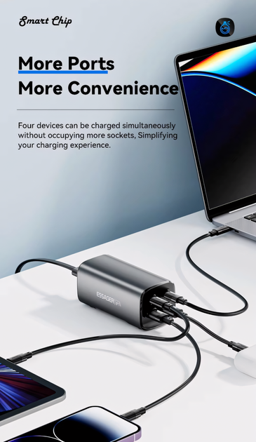 Настільний зарядний пристрій Essager 100 Вт USB C GaN швидка зарядка 4.0 QC 3.0 PD тип C для MacBook - Фото 2 Настільний зарядний пристрій Essager 100 Вт USB C GaN швидка зарядка 4.0 QC 3.0 PD тип C для MacBook - зображення 2