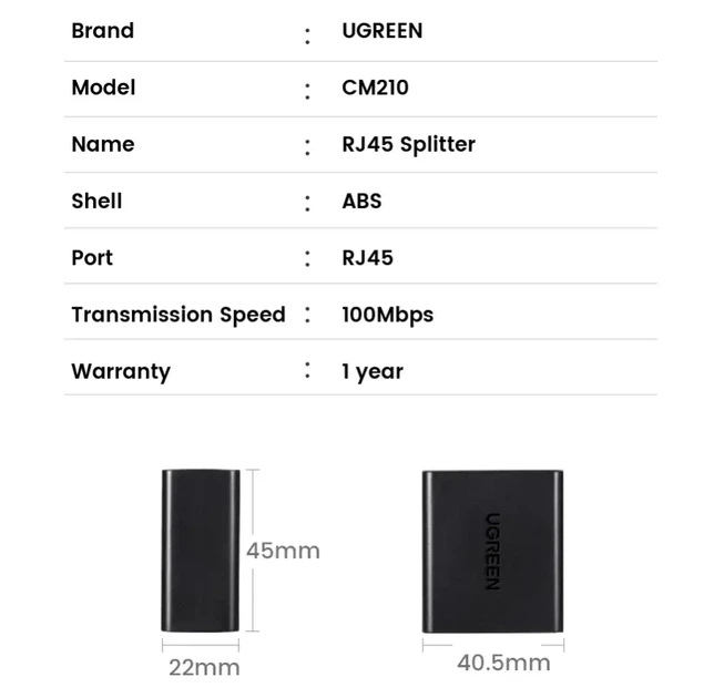 Разветвитель витой пары сплиттер UGREEN CM210 RJ45 1 шт Черный - Фото 3 Разветвитель витой пары сплиттер UGREEN CM210 RJ45 1 шт Черный - изображение 3