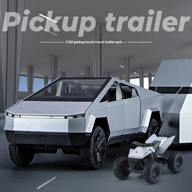 Масштабна модель автомобіля Tesla Cybertruck Pickup із трейлером та квадроциклом. Металева машинка. - зображення 4