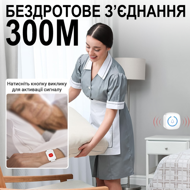 Система для виклику медперсоналу для людей похилого віку Digital Lion PAB03, бездротова з браслетом на руку, до 300м, белая - зображення 7