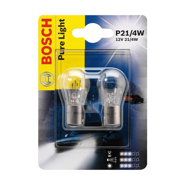 Лампа розжарювання Bosch Pure Light P21/4W 12V 21/4W BAZ15d (блістер 2 шт.) 1987301015 - Фото 1 Лампа розжарювання Bosch Pure Light P21/4W 12V 21/4W BAZ15d (блістер 2 шт.) 1987301015 - изображение 1