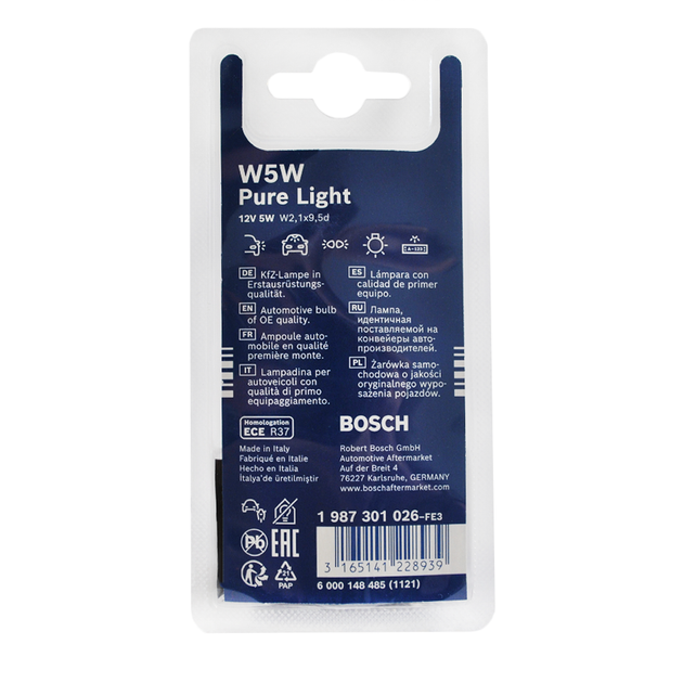 Лампа розжарювання Bosch Pure Light W5W 12V 5W W2,1x9,5d (блістер 2 шт.) 1987301026 - зображення 3