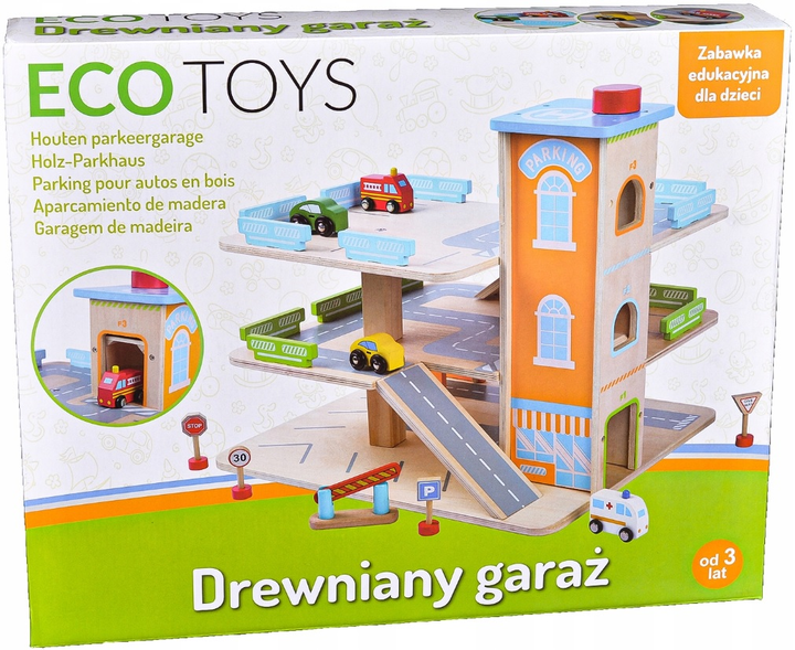 Drewniany zestaw do zabawy EcoToys Garaż tor z windą + autka (5905817004249) - obraz 1