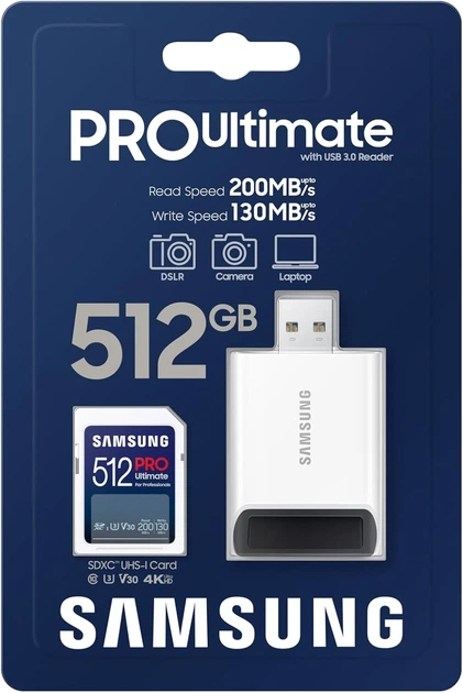 Карта памяти Samsung Pro Ultimate SDXC 512GB UHS-I U3 V30 + считыватель (MB-SY512SB/WW) - изображение 3