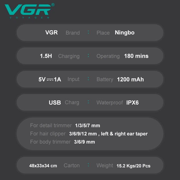 Универсальная машинка триммер для стрижки волос и бороды с USB LED дисплеем VGR V-103 Pro + Щеточка для чистки - изображение 6