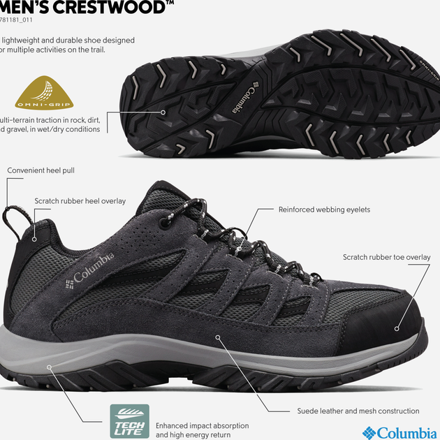 Buty trekkingowe męskie Columbia Crestwood 1781181011 47 (14US) Ciemnoszare (192660452074) - obraz 9