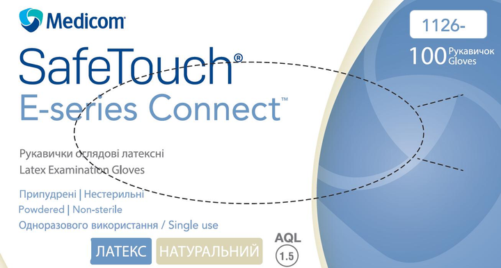 Рукавички Medicom SafeTouch® E-Series Connect латексні опудрені розмір L 100 шт Білі (1126) - зображення 1