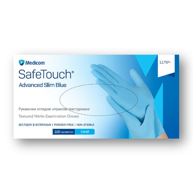 Рукавички Medicom SafeTouch® Slim Blue нітрилові текстуровані без пудри розмір M Блакитні 3,5 г (1175P) - зображення 1