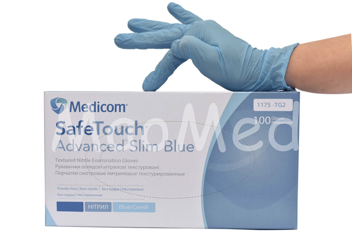 Рукавички Medicom SafeTouch® Slim Blue нітрилові текстуровані без пудри розмір L Блакитні 3 г (1175-TG2) - зображення 1