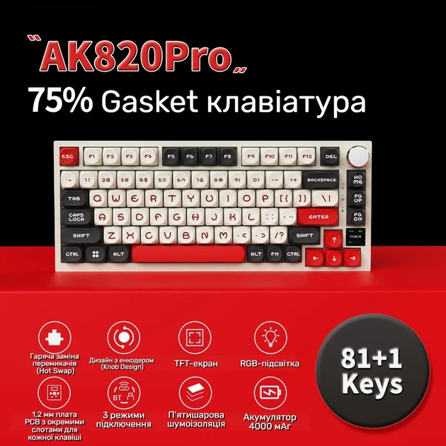 Клавиатура беспроводная AJAZZ Ak820 Pro 75% Gift switch Бело