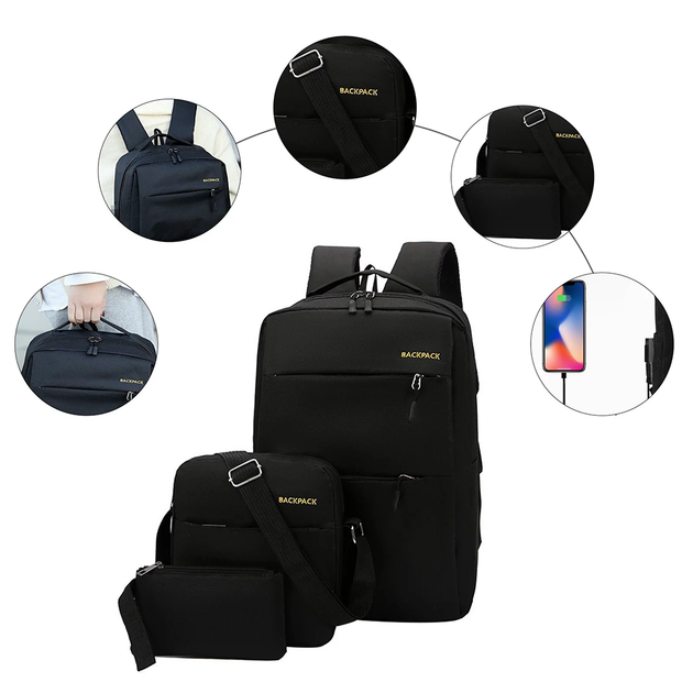 Мужской рюкзак 3в1 с сумкой и кошельком 18л 42х33х10 см с USB черный многофункциональный для учебы - изображение 7