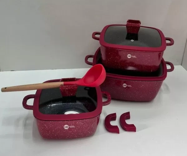 Набор квадратных кастрюль HK-323 Красный с силиконовыми крышками Higher Kitchen - изображение 3