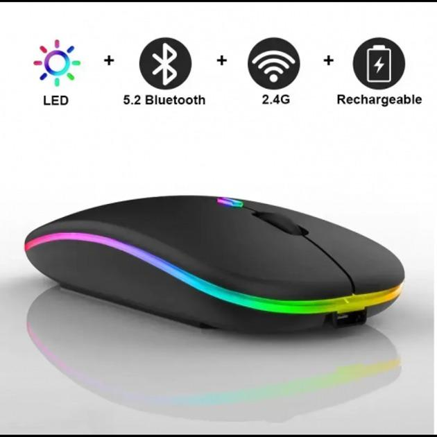 Беспроводная бесшумная аккумуляторная мышка с RGB подсветкой 1600DP Bluetooth 5.2 + 2.4 GHz тихая для ноутбуков пк планшетов плоская Slim - изображение 1