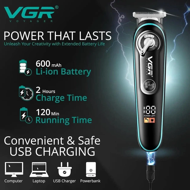 Аккумуляторный триммер для стрижки волос и бороды с USB и LED-дисплеем VGR V-075 Pro Черный + Масло для лезвий - Фото 3 Аккумуляторный триммер для стрижки волос и бороды с USB и LED-дисплеем VGR V-075 Pro Черный + Масло для лезвий - изображение 3