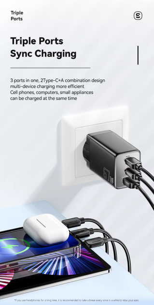 Зарядний пристрій Essager 67W GaN (2xType-C + USB-A), QC4.0/PD3.0/Fast Charge - зображення 6