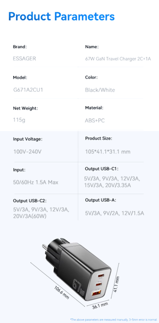 Зарядний пристрій Essager 67W GaN (2xType-C + USB-A), QC4.0/PD3.0/Fast Charge - зображення 9