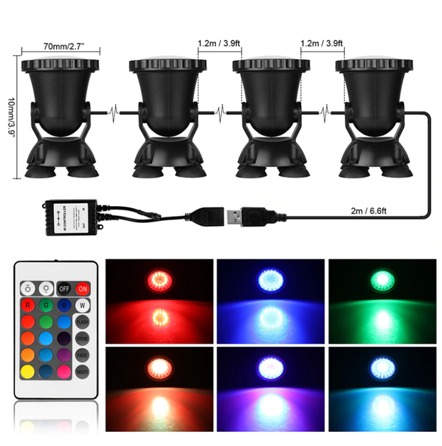 Підводний мультиколірний прожектор 4x36 LED RGB з пультом ДК для басейнів, фонтанів, ставків - зображення 2
