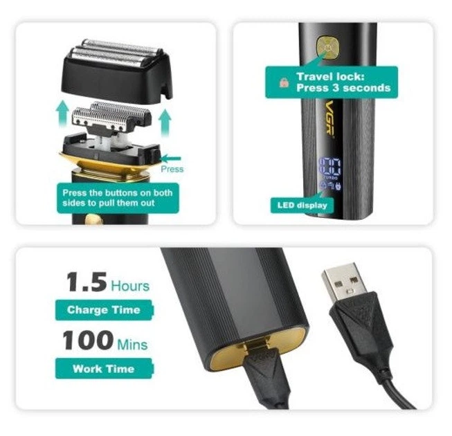 Аккумуляторная электробритва шейвер для бритья лица с USB и IPX6 VGR V-355 Pro Черный + Мешочек для хранения - Фото 5 Аккумуляторная электробритва шейвер для бритья лица с USB и IPX6 VGR V-355 Pro Черный + Мешочек для хранения - изображение 5