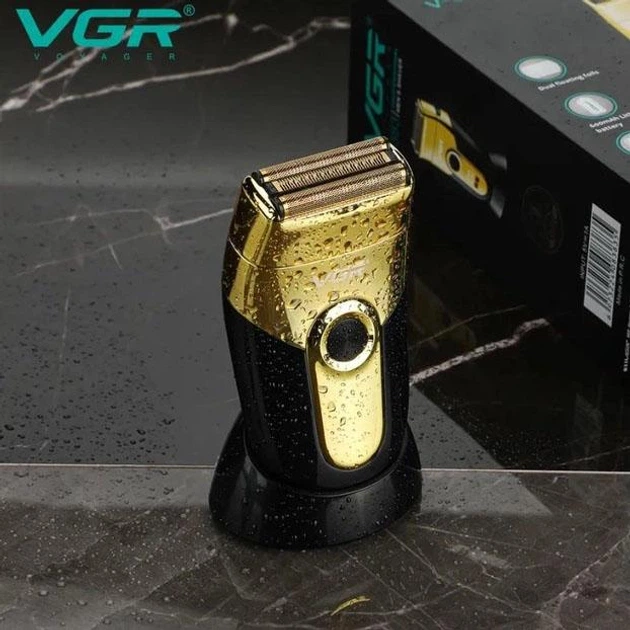 Беспроводная электробритва для бритья лица с USB и LED-индикатором VGR V-383 Pro Золотистый с черным + Подставка - изображение 4