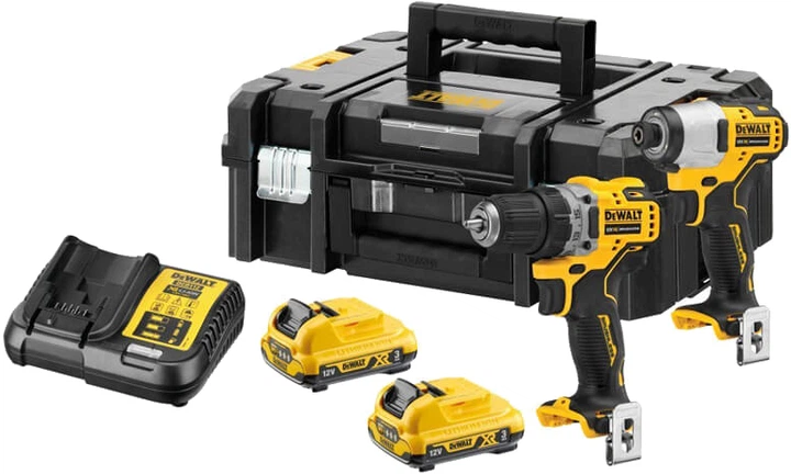 Набір з двох інструментів безщіткових DeWALT 12 В XR Li-lon, 3 А·год, валіза, 2 акумулятори та зарядний пристрій (DCK2110L2T) - Фото 1 Набір з двох інструментів безщіткових DeWALT 12 В XR Li-lon, 3 А·год, валіза, 2 акумулятори та зарядний пристрій (DCK2110L2T) - зображення 1