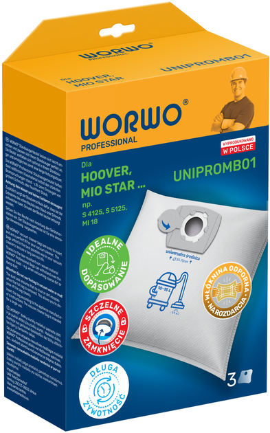 Zestaw worków Worwo do odkurzacza Hoover S 4125 Dry 15 10-15 l UNIPROMB01 PRO /KPL3 (UNIPROMB01) - obraz 2