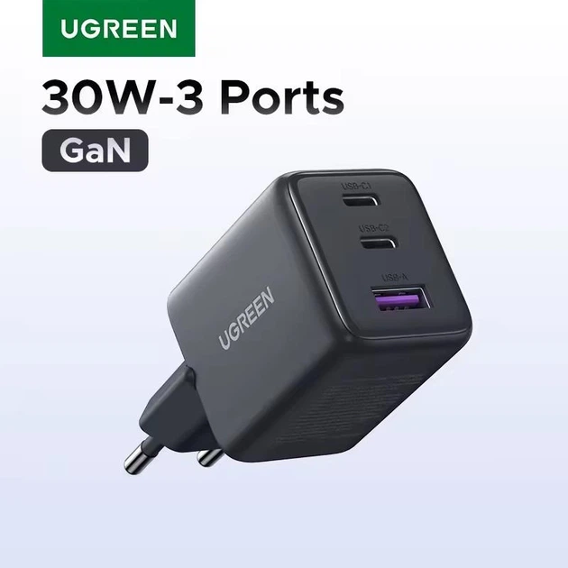 Зарядний пристрій UGREEN X515 GaNInfiniti 30W Fast Charger 3-Port для iPhone 16 15 14 Pro MAX, Samsung Galaxy, Xiaomi Tablet, iPad 2C1A Black (55536) - зображення 2