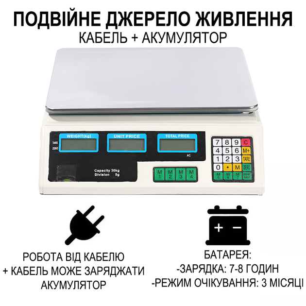 Электронные торговые весы до 30 кг Digital Lion ACS-A9, торговые весы для точности до 5г, white - изображение 8
