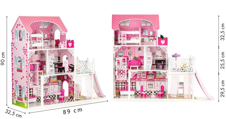 Drewniany domek dla lalek Ecotoys XXL z windą tarasem i zjeżdżalnią (TL49059) (5903089069966) - obraz 6