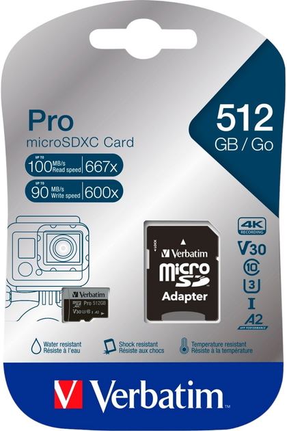 Карта памяти Verbatim Pro Micro SDXC 512GB Class 3 + SD Адаптер (0023942470465) - изображение 2