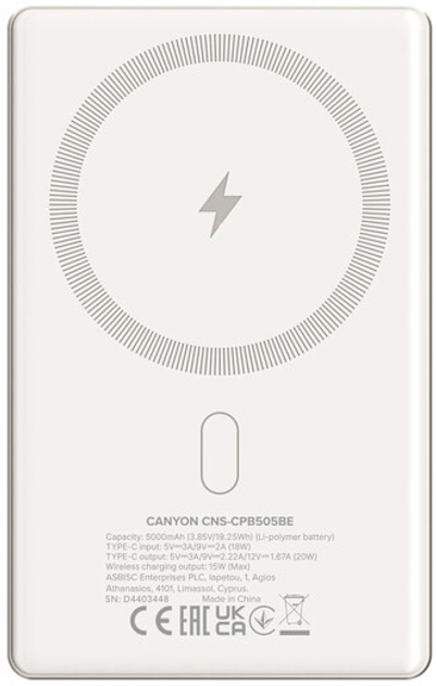 Powerbank Canyon OnPower 505 slim Magsafe 5000 mAh PD20W Beige (CNS-CPB505BE) - obraz 1