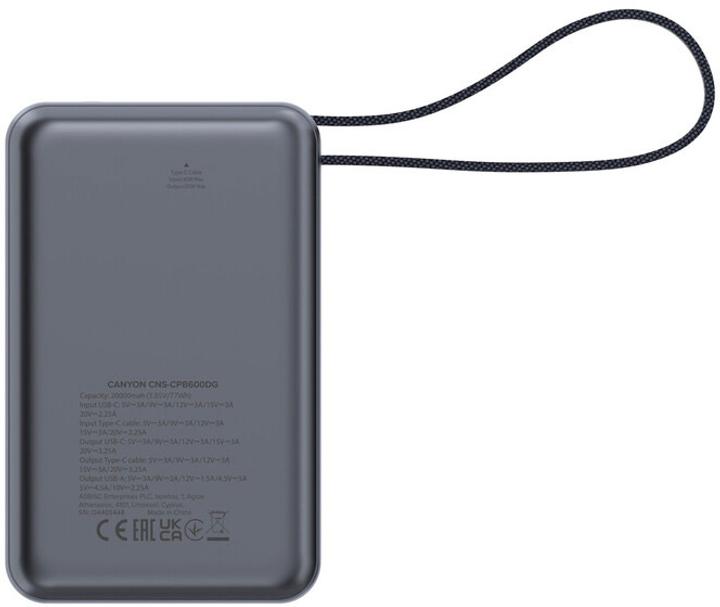 УМБ Canyon OnPower 600 20000 mAh PD65W Dark Grey (CNS-CPB600DG) - зображення 4