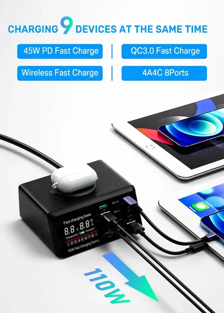 ASOMETECH 110 Вт Мультипортовая 9 в 1 беспроводная зарядная быстрая док-станция QC + PD USB Type C. Черная - изображение 5