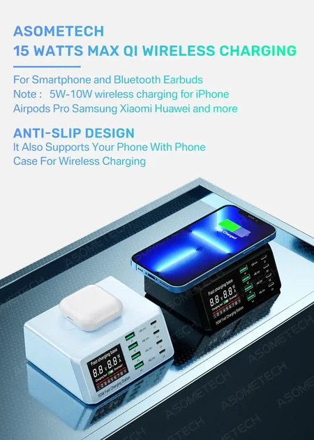 ASOMETECH 110 Вт Мультипортовая 9 в 1 беспроводная зарядная быстрая док-станция QC + PD USB Type C. Черная - изображение 8
