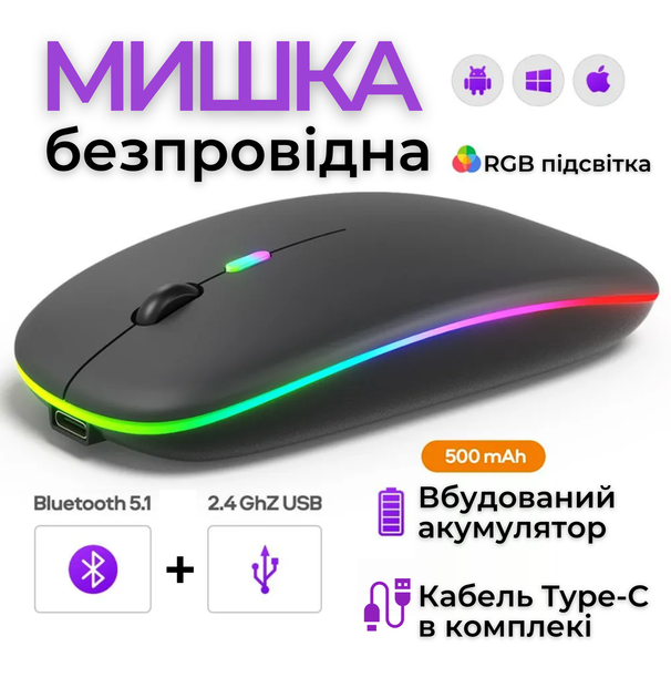 Мышка беспроводная бесшумная компьютерная для пк ноутбука аккумуляторная 2в1 Bluetooth и USB 2.4ГГц плоская Slim c RGB подсветка Black - изображение 1