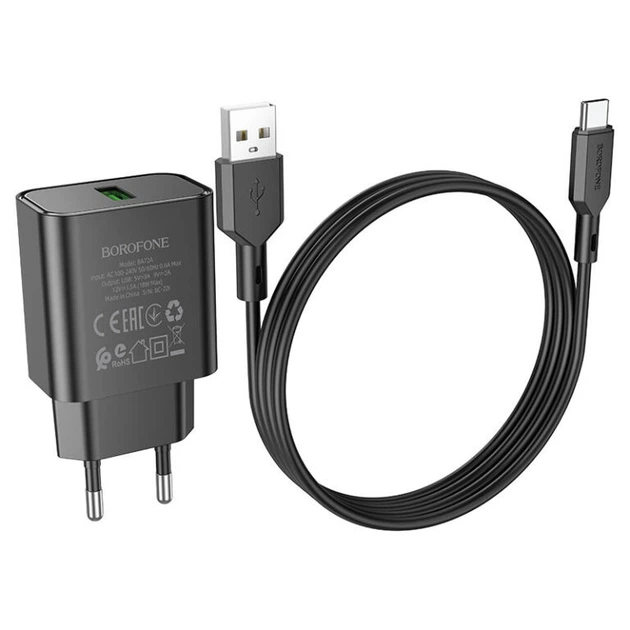 Мережевий зарядний пристрій Borofone BA72A Spring QC3.0 USB to Type-C Black - зображення 3