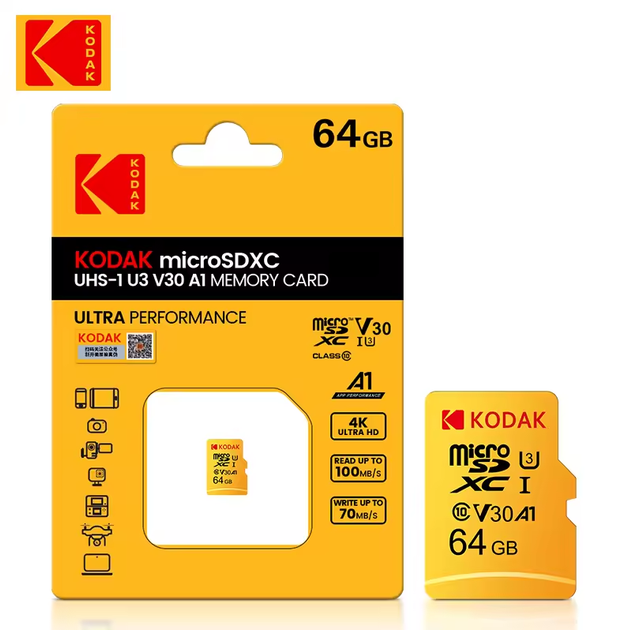 Карта памяти MicroSDXC Kodak U3 A1 Class 10 64Gb - Фото 1 Карта памяти MicroSDXC Kodak U3 A1 Class 10 64Gb - изображение 1