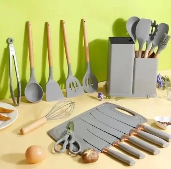 Набір кухонного приладдя на підставці Сірий TS Kitchen 19 штук із силікону з бамбуковою ручкою - зображення 6