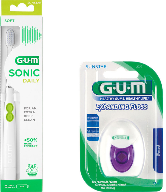 Набор GUM Электрическая зубная щетка Activital Sonic Daily Белая + Зубная нить Expanding Floss с эффектом расширения 30 м (7630019904773/0070942302401) - изображение 1