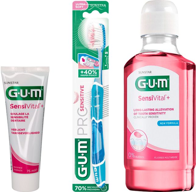 Набор GUM Зубная паста Sensivital+ 75 мл + Зубная щетка Sensitive Pro + Ополаскиватель для полости рта Sensivital+ 300 мл (7630019902984/7630019905183/7630019903011) - изображение 1