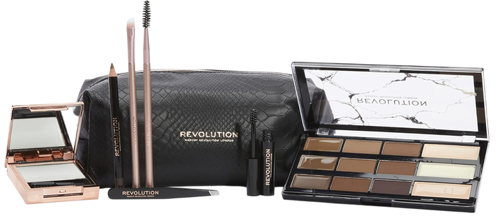 Zestaw do kształtowania brwi Makeup Revolution Pęseta + Klej + Kosmetyczka + Szczoteczka + Kredka w kremie brązowa 0.38 g + Paleta Brązowa 10 g + Mydło 5 g + Żel Ciemny Brąz 4 ml (5057566530941) - obraz 1