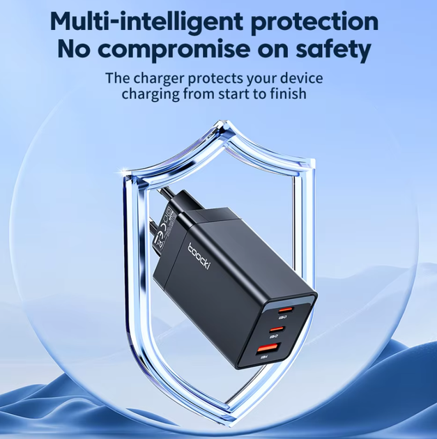 Сетевое зарядное устройство Toocki 67W GAN (2xType-C + USB-A) - Фото 3 Сетевое зарядное устройство Toocki 67W GAN (2xType-C + USB-A) - изображение 3