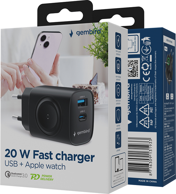 Ładowarka sieciowa Gembird 20W 2-in-1 Apple Watch + USB-A + Type-C Black (TA-UC-PDQCW20-01-BK) - obraz 5