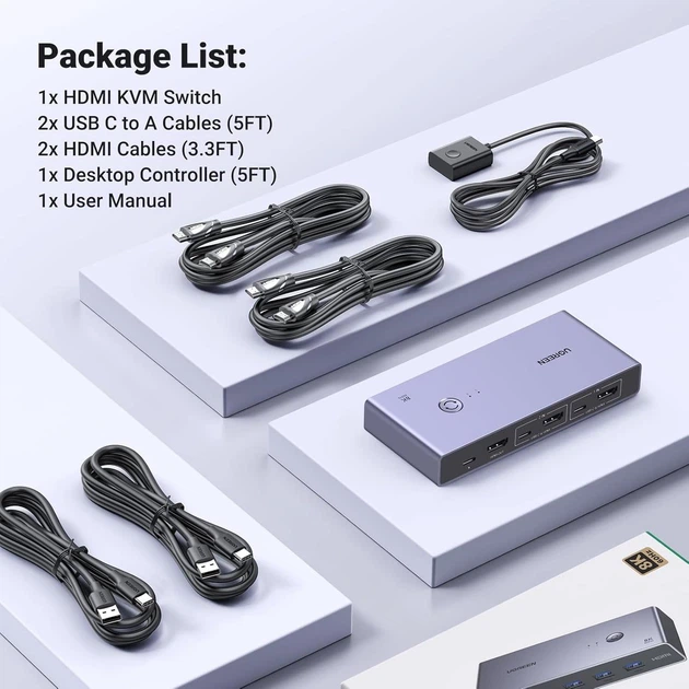 Комутатор HDMI 2.1 UGREEN CM692 HDMI KVM Switch 2 in 1 Out USB 3.0