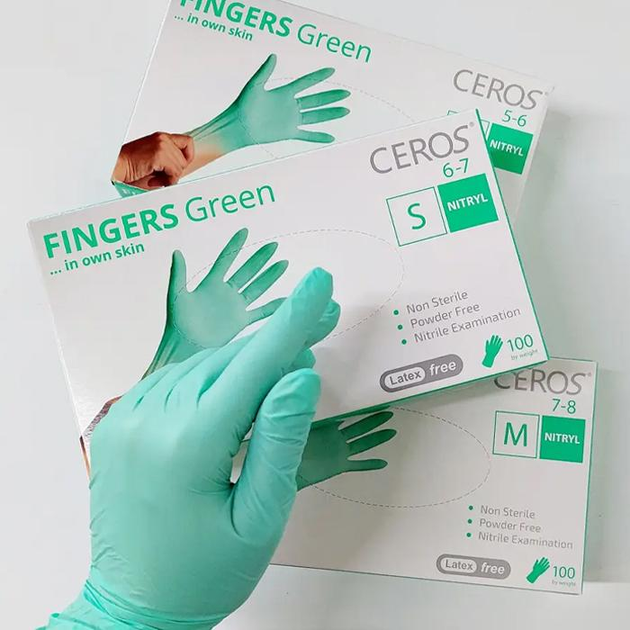 Рукавички нітрилові CEROS Fingers GREEN, M, 100 шт - зображення 2